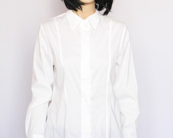 Vintage blouse Ruffle blouse Lange mouwen blouse Wit blouse Vakantie blouse Womens shirt Secretaresse blouse Klassieke blouse Romantische blouse
