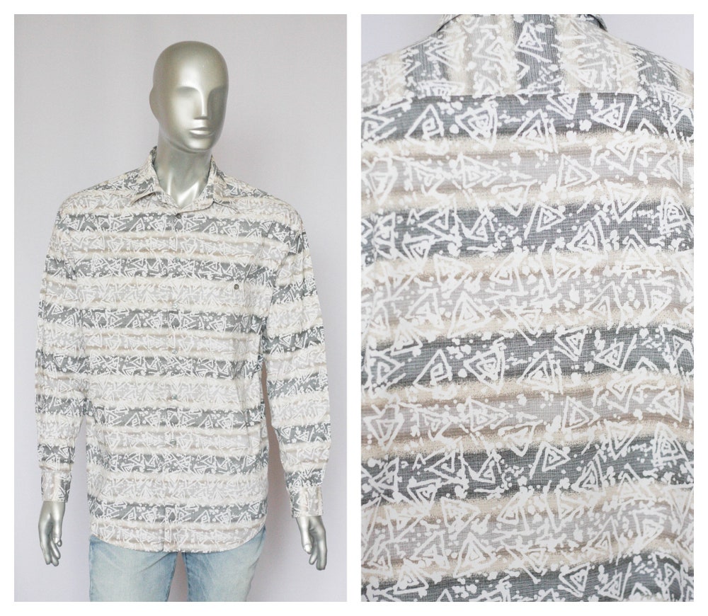Absract Shirt Boho Shirt Men'S Shirt Long Sleeve Shirt Size Large Shirt Abstract Print Gray Shirt Hippie Shirt Paint Shirt Hipster Shirt Teeloom