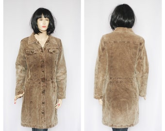 Corduroy coat Warm coat Winter coat Womens coat Brown coat Size large Cashual overcoat Mid lenght coat Warm jacket Long trench coat