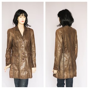 Genuine leather coat Vintage coat Long coat Brown coat Womens coat Leater blazer Long blazer Leather clothes 90s leather coat Autumn coat
