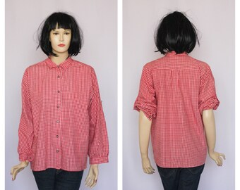 Rot karierte Bluse Kragen Bluse Oktoberfest Bluse Vintage Bluse LangarmBluse Lässige Bluse Kariertes Shirt Damen Shirt Kariertes Oberteil