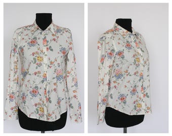 Vintage Floral blouse Formal blouse Casual blouse Womens top Ladies blouse Size XS Long sleeve Flowers blouse White shirt peonies flower top