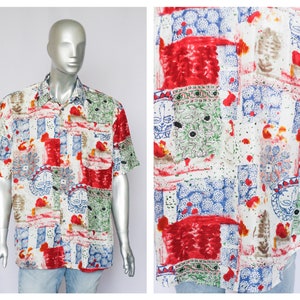 Vintage silk abstract shirt Size large shirt Men&#39;s shirt Short sleeve shirt Abstract print Casual shirt Rainbow shirt Every day shirt Casual