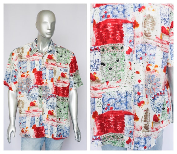 Vintage silk abstract shirt Size large shirt Men's shirt Short sleeve shirt Abstract print Casual shirt Rainbow shirt Every day shirt Casual