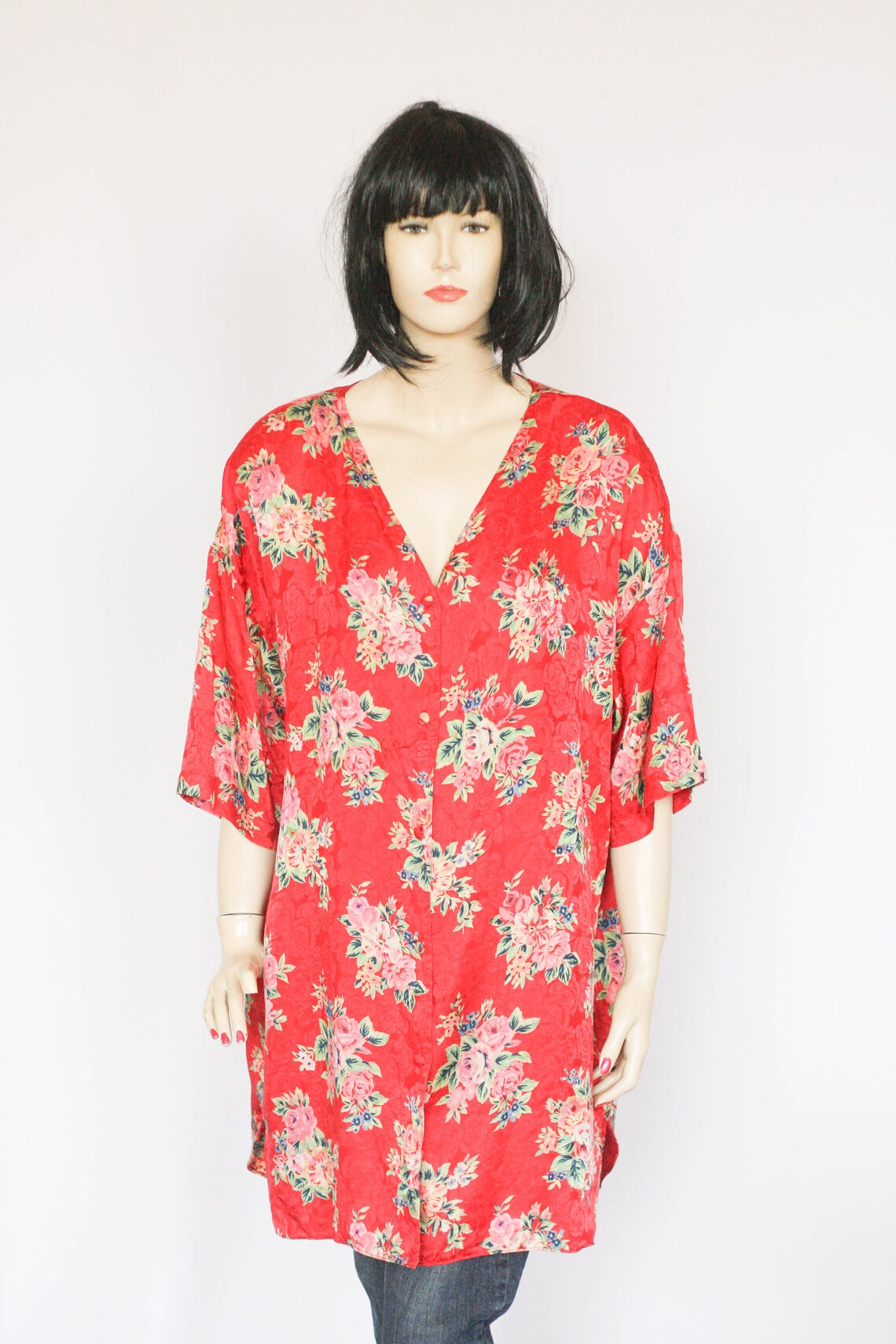 Silk Vintage Floral blouse Formal blouse Casual blouse Womens top Ladies blouse Size XL Short sleeve Abstract blouse Red shirt Colorful, foto 2 di 5