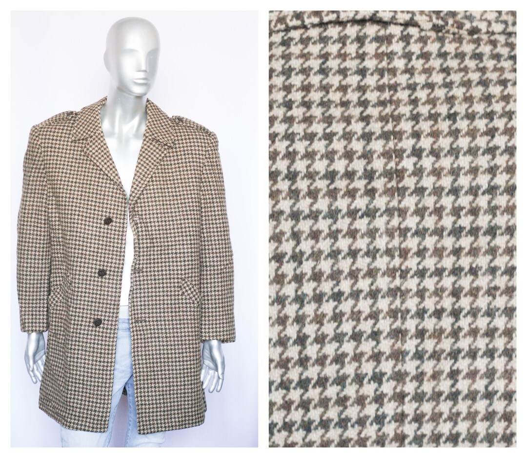 Houndstooth Coat Brown Coat Wool Coat Warm Coat Winter Coat Size XL ...
