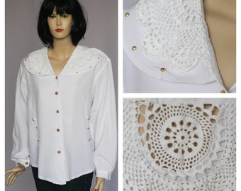 Victorian blouse Macrame blouse White blouse Elegant blouse Cotton blouse Retro blouse Vintage blouse Womens blouse Golden button