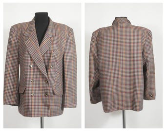 Oversized plaid blazer Womens blazer Wool blazer Suit jacket Casual jacket Everyday blazer Brown blazer Double breasted Size medium Tartan