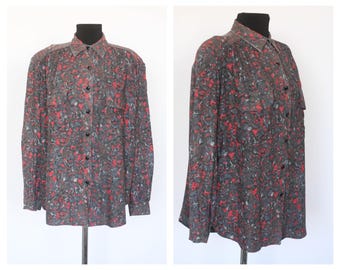 Vintage Floral blouse Formal blouse Casual blouse Womens top Ladies blouse Size XS Long sleeve Flowers blouse White shirt peonies flower top