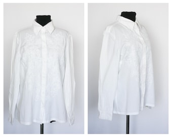 Vintage witte blouse Blouse met ruches Retro blouse Secretaresseblouse Damestop Witte top Maat medium blouse met lange mouwen Blouse met opstaande kraag