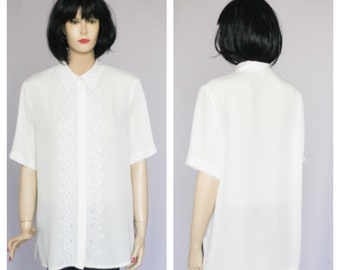 Vintage blouse Cotton blouse Secretary blouse Embroided blouse White blouse White shirt Loose top Womens blouse Office blouse