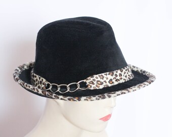 Sombrero de piel de leopardo Sombrero negro Sombrero de mujer Sombrero elegante Mujer fedora Sombrero vintage Negro Fedora Tamaño mediano 56 Sombrero vegano Piel sintética Sombrero de invierno