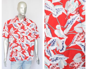 Vintage white shirt Floral shirt Leaf shirt Men's shirt Short sleeve shirt Holiday gift Casual shirt Size M Button up shirt Nature print
