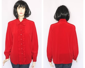 Vintage red blouse Secretary blouse Formal blouse Office blouse Womens top Red top Size small Red shirt Ladies blouse Ruffle blouse