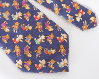Teddy bear tie Blue tie Toy necktie Novelty tie Silk tie Bear print Men's fashion Groomsman tie Groom tie Animal tie Teddy print Wedding tie