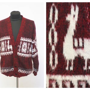 Alpaca ornament Fuzzy sweater Burgundy cardigan Mens sweater Vintage sweater Warm Sweater Winter clothing Cozy Felt knitwear Loose Oversized
