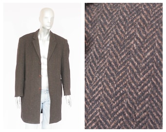 Vintage Pierre Cardin wool coat Mens coat Winter coat Herringbone Winter overcoat Brown coat Size large Outwear Mens overcoat  Loose coat