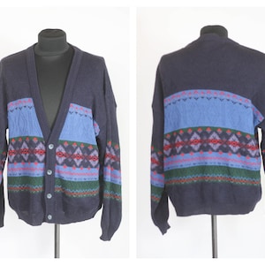 Vintage abstract sweater Warm sweater Winter sweater Mens cardigan Turquoise sweater Size large Knitwear Knitting sweater Abstract print