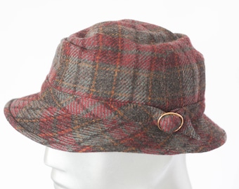 Vintage Tweed Bucket Hat – Brown, Green, and Tan Plaid Wool  display picture 3
