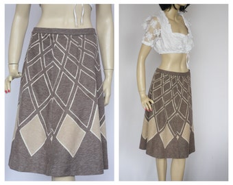 Vintage midi skirt Long skirt Brown skirt Geometric skirt Womens skirt Summer skirt Beige skirt Size large Wool skirt
