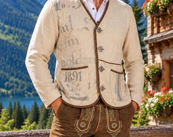 Pode incluir: Um casaco de mistura de linho bege com decote em V, acabamentos castanhos e texto impresso em cinzento escuro incluindo o ano 1891, sobre uma camisa branca. Combinado com calções castanhos com bordados florais verdes e botões laterais.