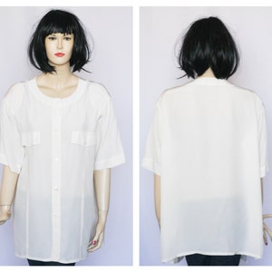 Silk blouse  Size large blouse Long blouse Short sleeve Ivory blouse Oversize blouse Loose blouse 90s blouse Vintage blouse Womens shirt