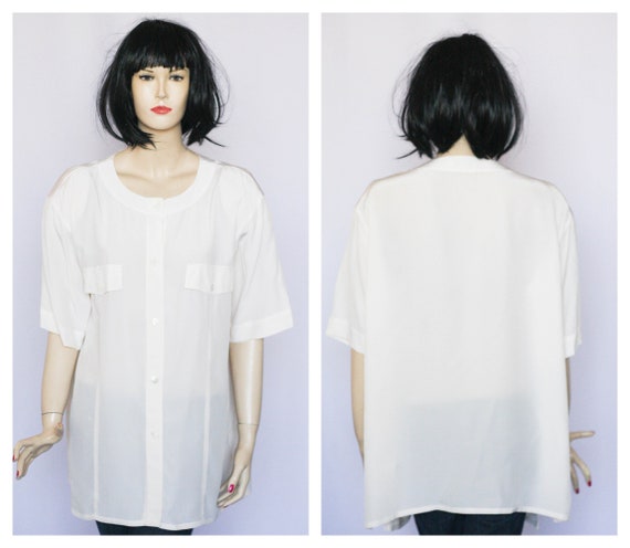 Silk blouse Size large blouse Long blouse Short sleeve Ivory blouse Oversize blouse Loose blouse 90s blouse Vintage blouse Womens shirt