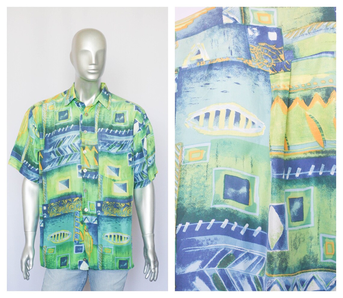 Silk shirt Summer shirt Lightweight shirt Short sleeve shirt Blue Green shirt Abstract print Casual shirt Vintage shirt Mens's shirt, foto 1 di 5