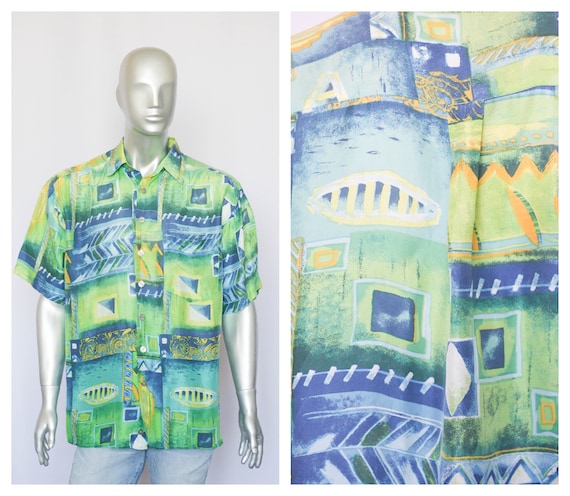 Silk shirt Summer shirt Lightweight shirt Short sleeve shirt Blue Green shirt Abstract print Casual shirt Vintage shirt Mens's shirt