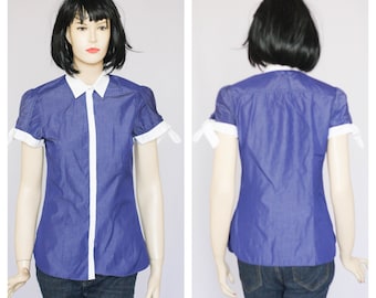 Blue blouse Vintage blouse Button up blouse Collar blouse Blue top Blue shirt Size Small Zara top Womens blouse Short sleeve