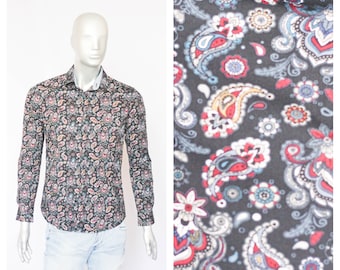 Black shirt Abstract shirt Vintage shirt Men's shirt Size medium Party shirt Long sleve shirt Hippie shirt Boho shirt Flower print