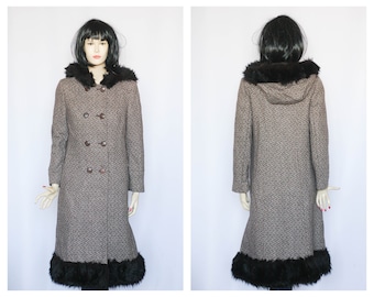 Fitted coat Wool vintage coat Winter coat Warm coat Retro coat Long coat Fur coat Women coat  Outwear coat Gray wool coat Maxi coat