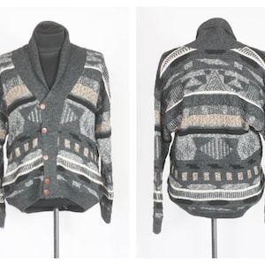 Vintage abstract sweater Warm sweater Winter sweater Mens cardigan Turquoise sweater Size large Knitwear Knitting sweater Abstract print