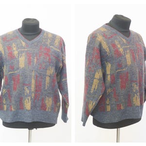 Gray grandpa sweater Retro pullover 90s sweater Grunge sweater Crewneck Size Abstract ornament Wool knitted sweater Mens Unisex
