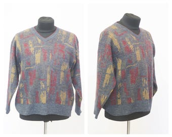 Suéter de abuelo gris Suéter retro Suéter de los años 90 Suéter grunge Cuello redondo Talla Adorno abstracto Suéter de punto de lana Para hombre Unisex