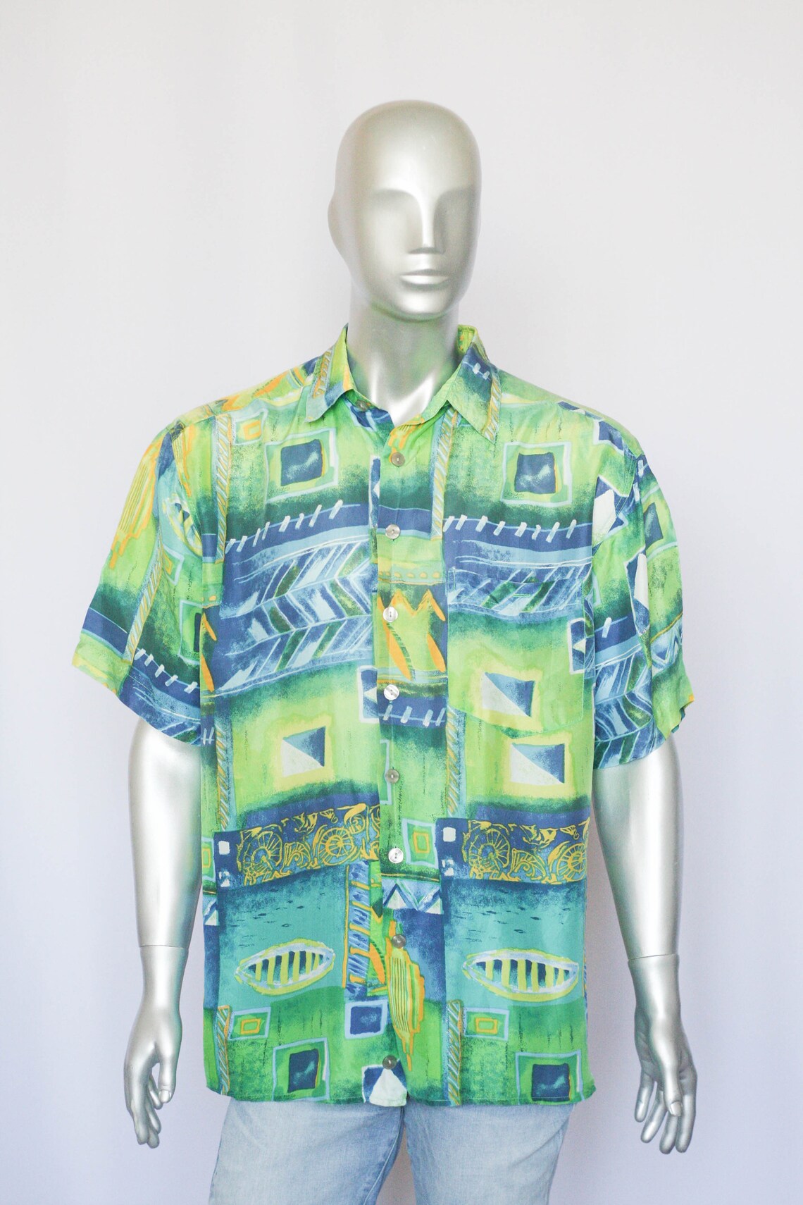 Silk shirt Summer shirt Lightweight shirt Short sleeve shirt Blue Green shirt Abstract print Casual shirt Vintage shirt Mens's shirt, foto 2 di 5