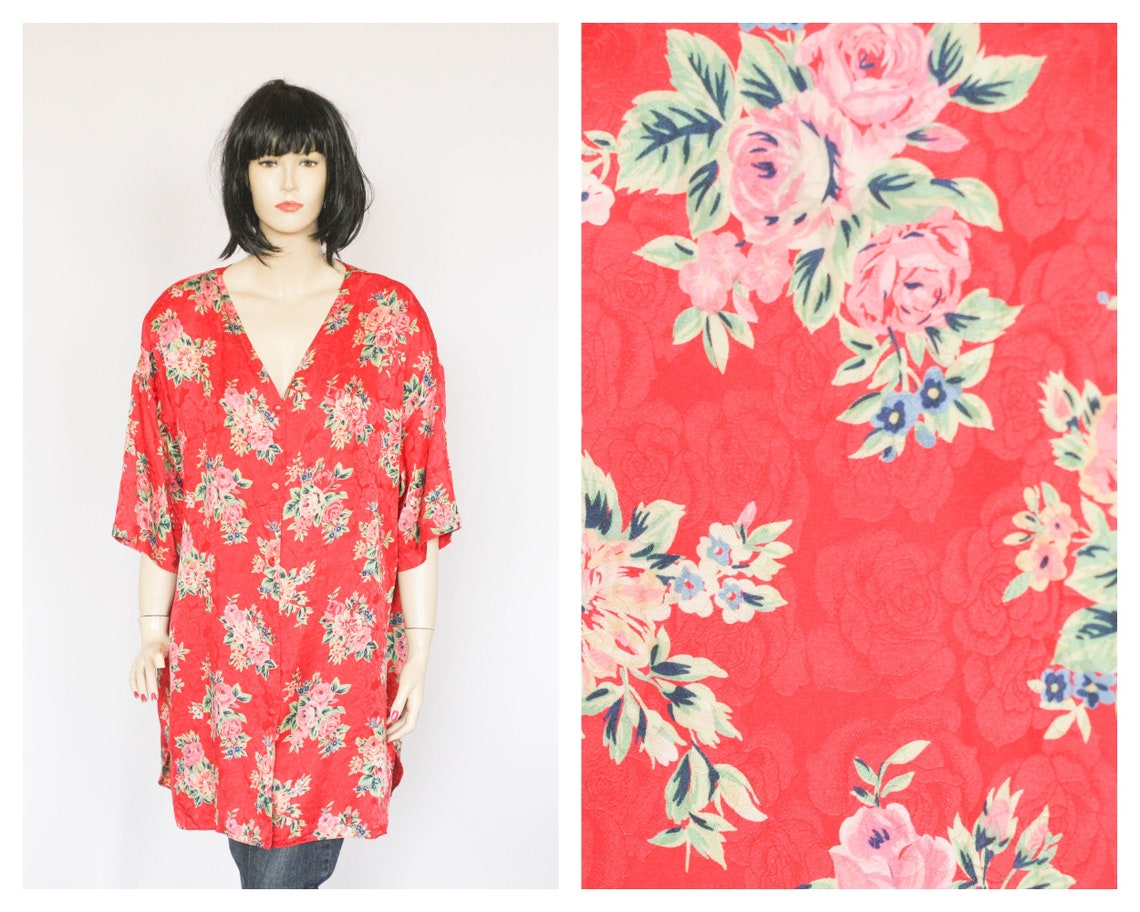 Silk Vintage Floral blouse Formal blouse Casual blouse Womens top Ladies blouse Size XL Short sleeve Abstract blouse Red shirt Colorful, foto 1 di 5