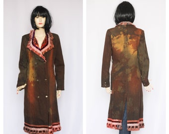 Rare Denim coat Ethnic coat Cotton coat Womens Coat Spring coat Brown coat Long coat Boho coat Folk coat Size small Denim overalls Overcoat