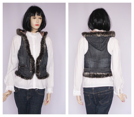 Vintage denim jacket Hooded jacket  Fur vest Women's jacket Denim vest 90s jacket Sleeveless Jean jacket Waistcoat Casual blue jacket Autumn