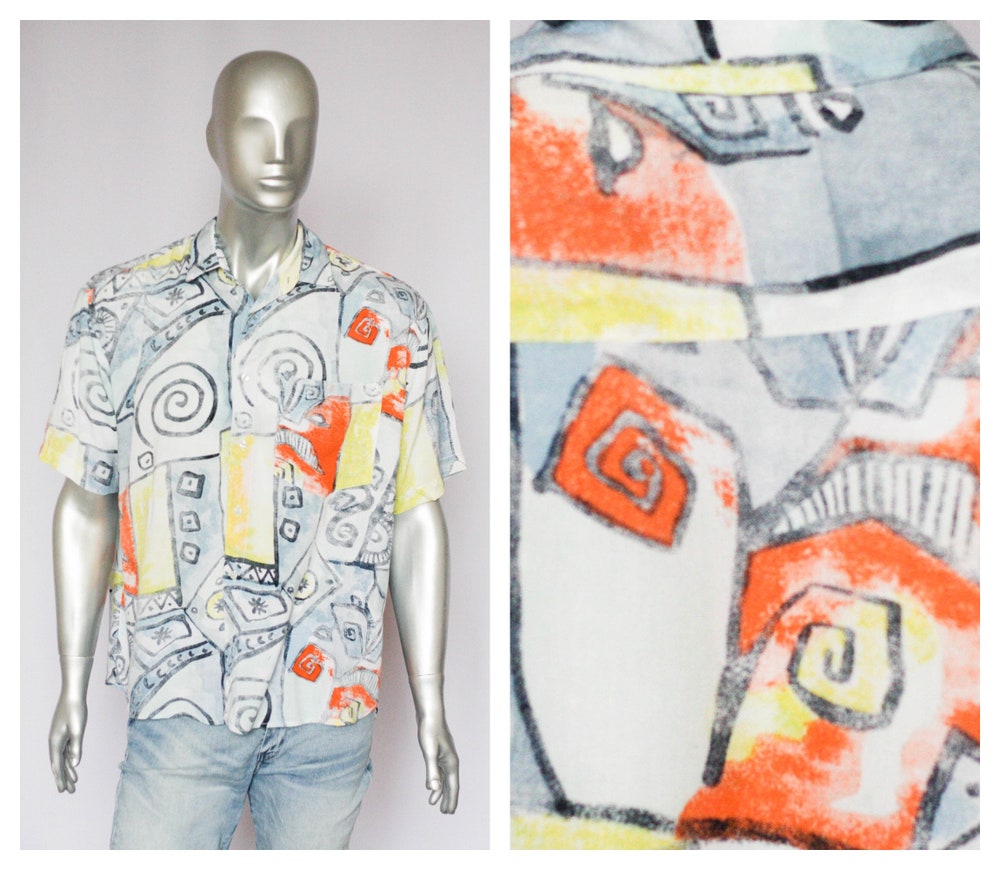 Teechic Style Lightweight Shirt Summer Shirt Beach Shirt Mens Shirt Short Sleeve Shirt Size Xl Shirt Abstract Print Silk Shirt Hippie Shirt Paint Shirt