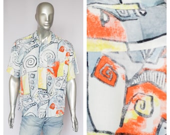 Lightweight shirt Summer shirt Beach shirt Mens shirt Short sleeve shirt size XL shirt Abstract print Silk shirt hippie shirt Paint shirt