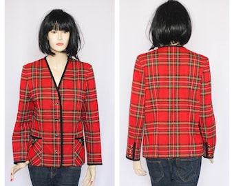 Lighweight blazer Red blazer Fitted blazer Womens blazer Tartan blazer Plaid blazer Checkered jacket Retro jacket Vintage blazer Size M