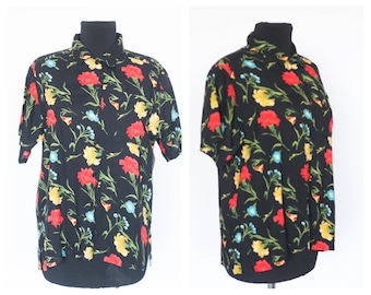 Vintage Floral blouse Formal blouse Casual blouse Womens top Ladies blouse Size medium Long sleeve Flowers blouse Black shirt peonies flower