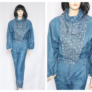 Vintage blue ski suit Jumpsuit Warm suit Snowsuit Skiing suit Winterwear Size large Onepiece suit Retro ski suit Ski wear Winter overalls