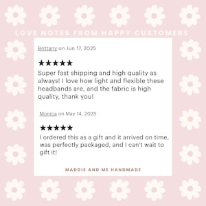 May include: A graphic featuring customer reviews for a handmade product. The reviews are displayed on a white background with a floral design, set against a muted pink backdrop. The text includes positive feedback and the shop's name.