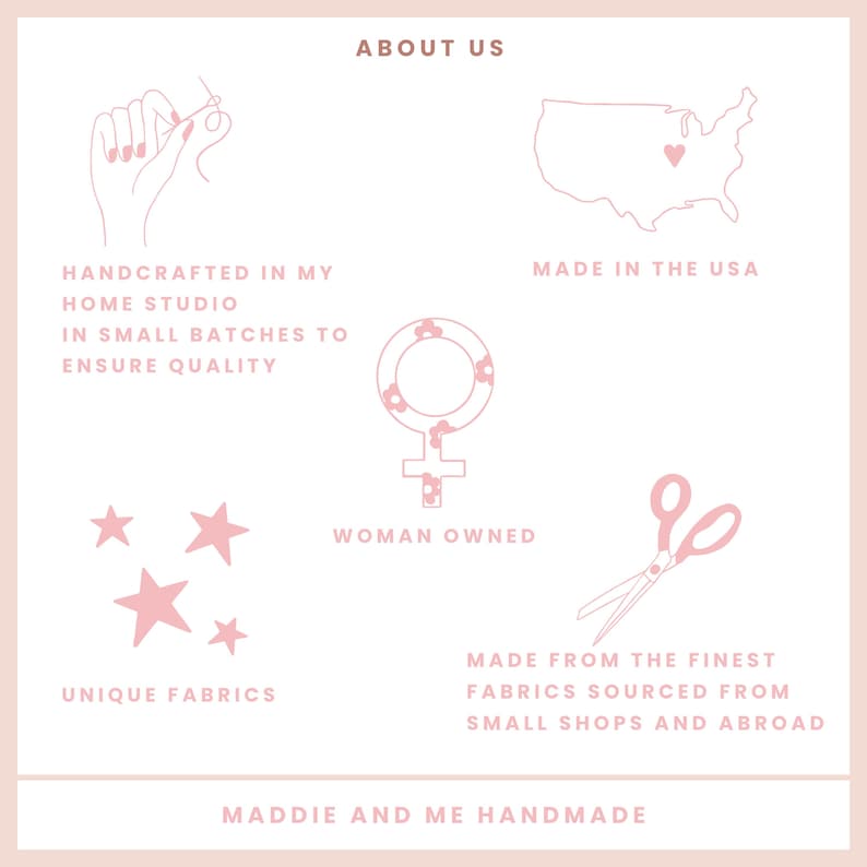 May include: A pink and white graphic with the text "ABOUT US" and illustrations of a hand sewing, a map of the USA, a female symbol, scissors, and stars. Text includes "HANDCRAFTED IN MY HOME STUDIO", "MADE IN THE USA", "UNIQUE FABRICS", and "WOMAN OWNED".