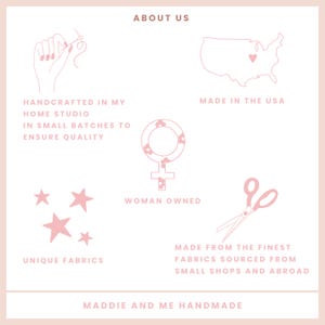 May include: A pink and white graphic with the text "ABOUT US" and illustrations of a hand sewing, a map of the USA, a female symbol, scissors, and stars. Text includes "HANDCRAFTED IN MY HOME STUDIO", "MADE IN THE USA", "UNIQUE FABRICS", and "WOMAN OWNED".