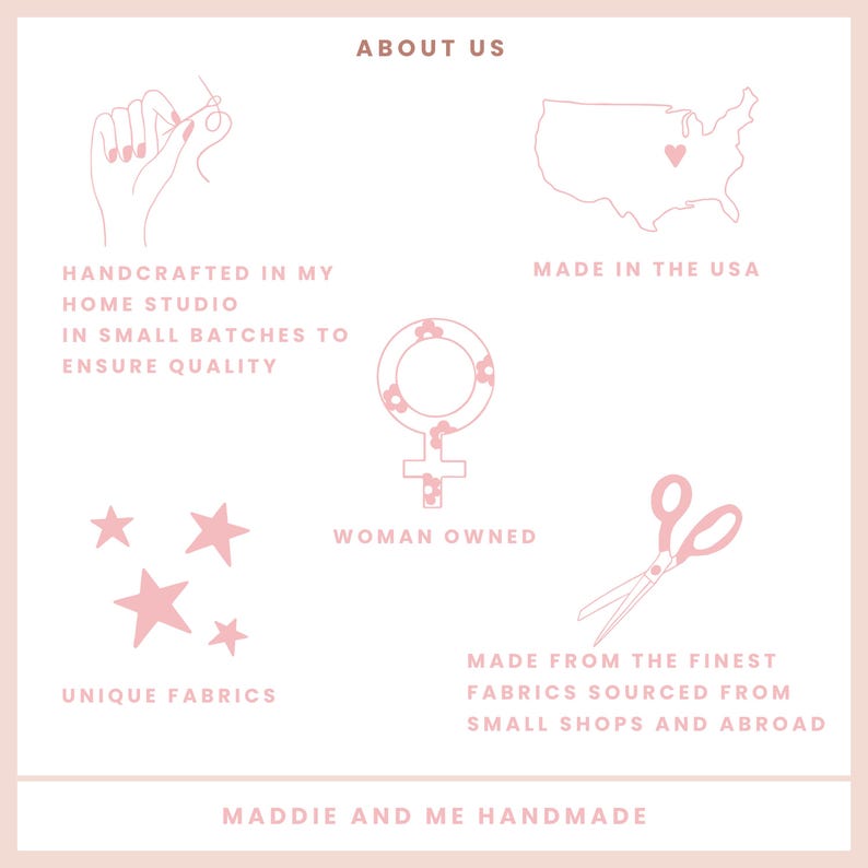 May include: A pink and white graphic with the text "ABOUT US" and illustrations of a hand sewing, a map of the USA, a female symbol, scissors, and stars. Text includes "HANDCRAFTED IN MY HOME STUDIO", "MADE IN THE USA", "UNIQUE FABRICS", and "WOMAN OWNED".