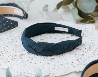 European Linen Navy Blue Braided Headband for Women and Girls | Comfortable Solid Color Alice Band | Fall and Winter Hair Accessory