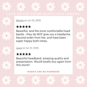 May include: A graphic featuring customer reviews for a handmade product. The reviews are displayed on a white background with a floral design, set against a muted pink backdrop. The text includes positive feedback and the shop's name.